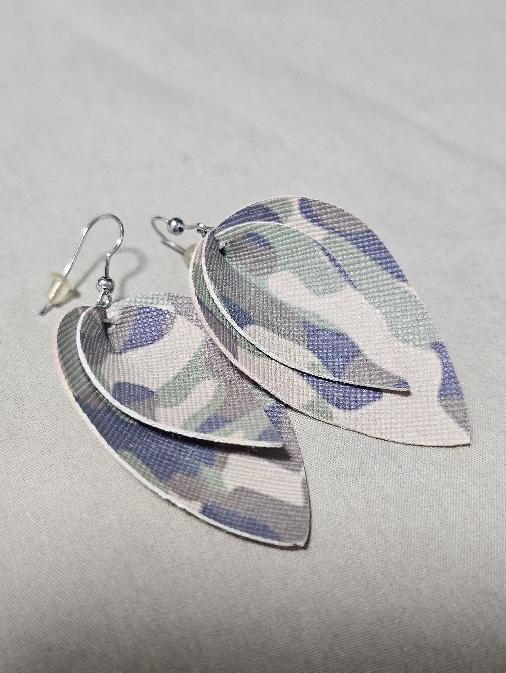Layered Teardrop Camouflage Earrings in Green & Tan